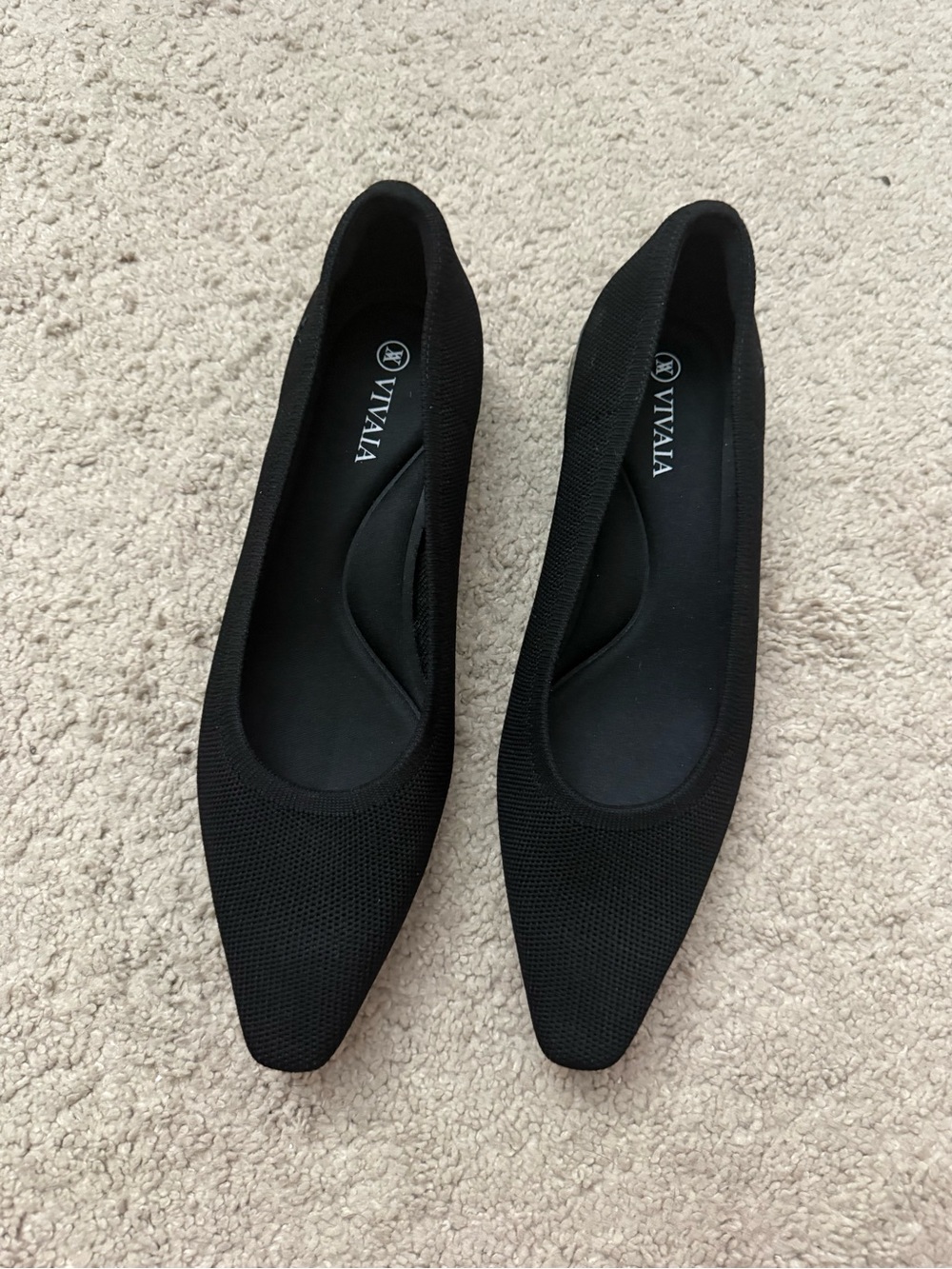 Vivaia Black Pointed Knit Ballet Flats Block Heel - Women's